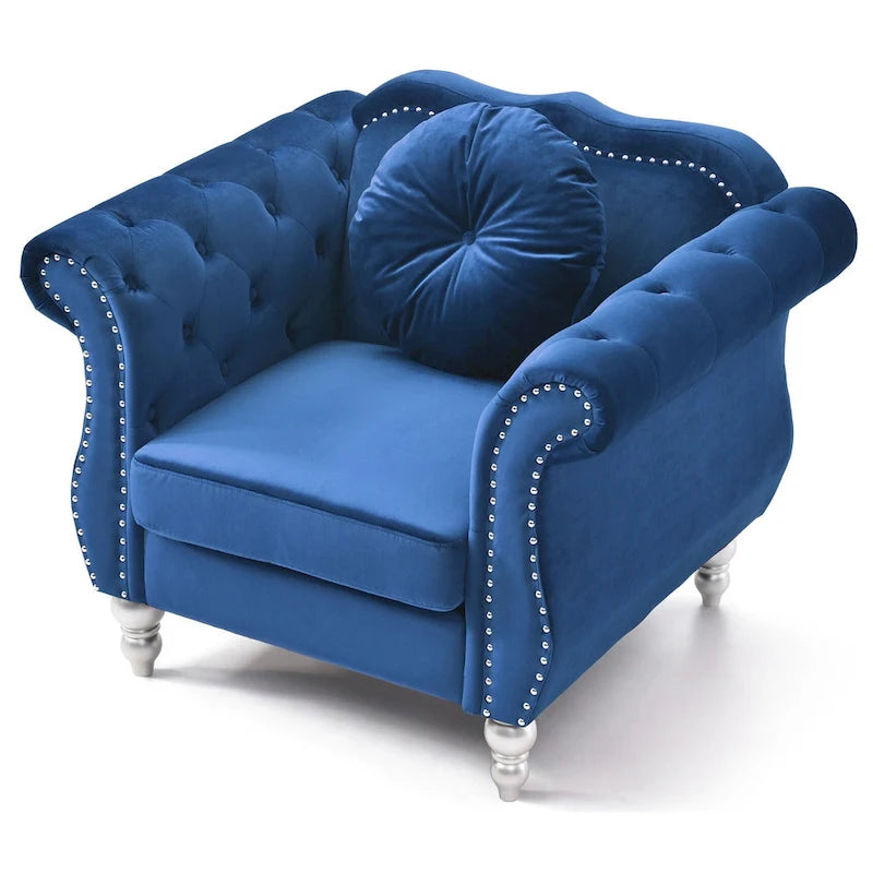 Sillón auxiliar de terciopelo capitoné Hollywood Chesterfield con cojín redondo - 39L x 35W x 34H
