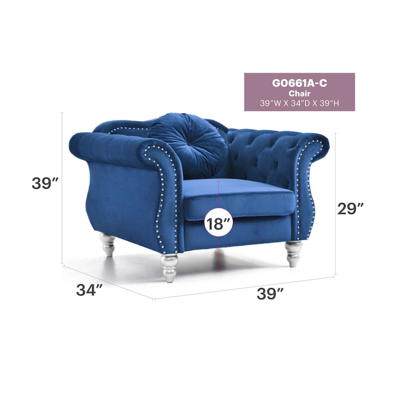 Sillón auxiliar de terciopelo capitoné Hollywood Chesterfield con cojín redondo - 39L x 35W x 34H