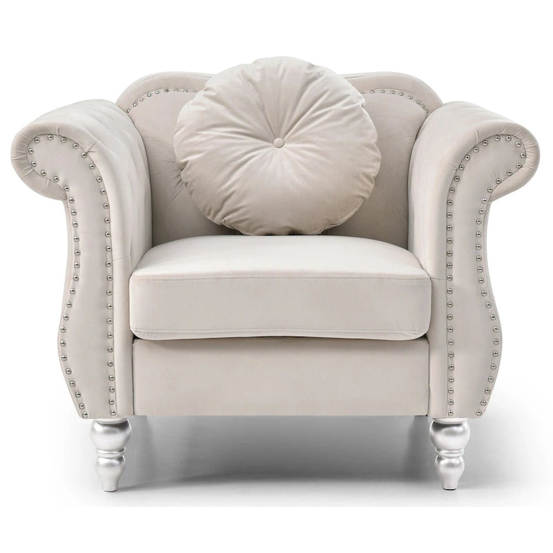 Sillón auxiliar de terciopelo capitoné Hollywood Chesterfield con cojín redondo - 39L x 35W x 34H