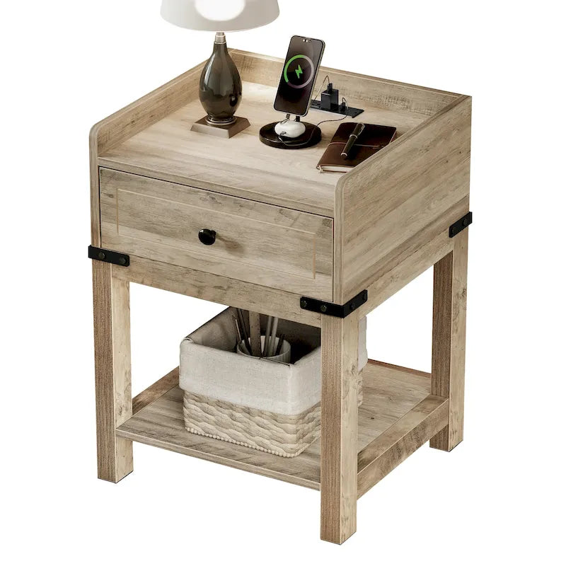 Mesa auxiliar gris de granja con estación de carga y cajón