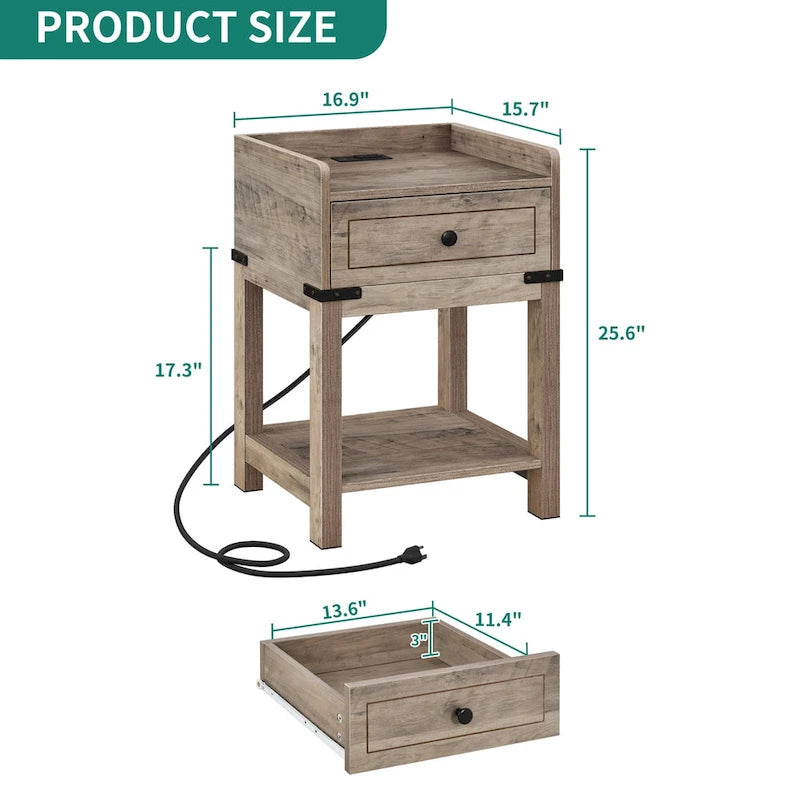 Mesa auxiliar gris de granja con estación de carga y cajón