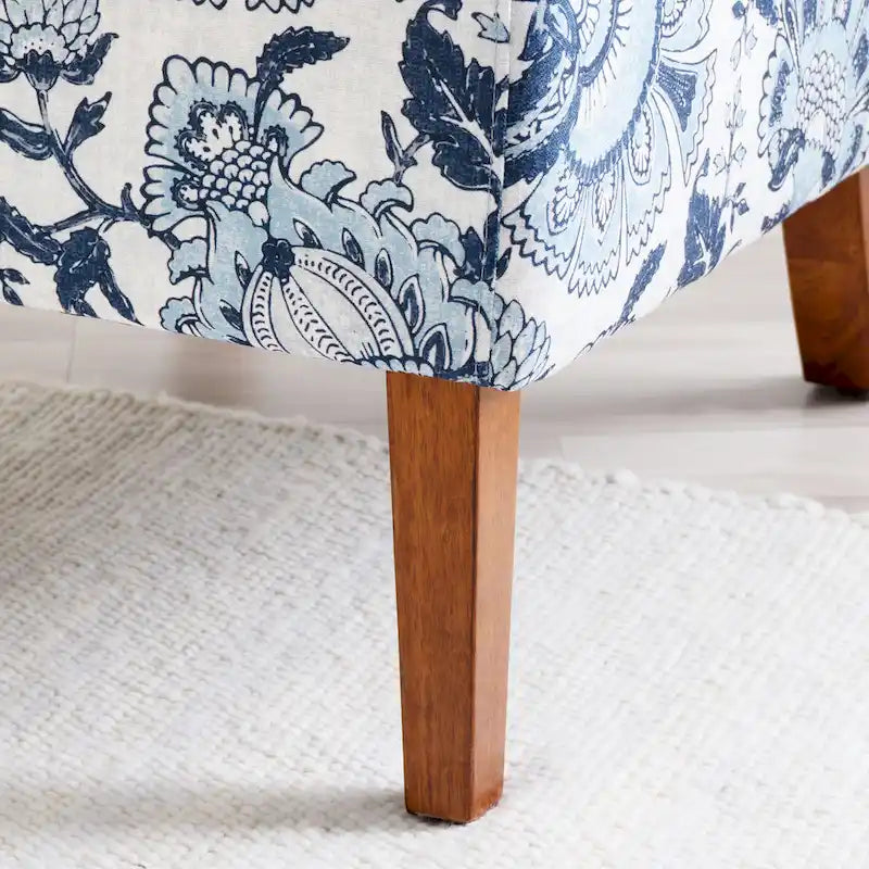 Sillón tapizado en tela azul Paisley, asiento individual, patas de madera maciza