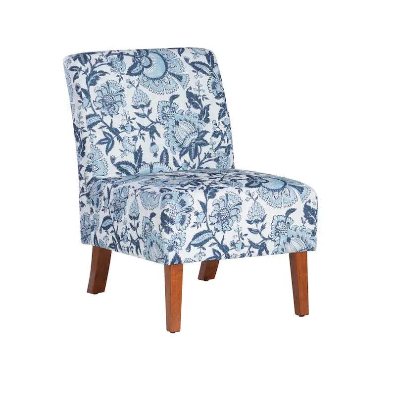 Sillón tapizado en tela azul Paisley, asiento individual, patas de madera maciza
