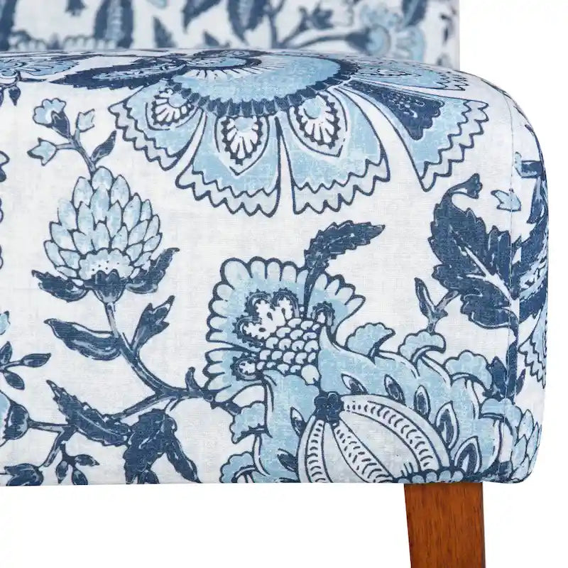 Sillón tapizado en tela azul Paisley, asiento individual, patas de madera maciza