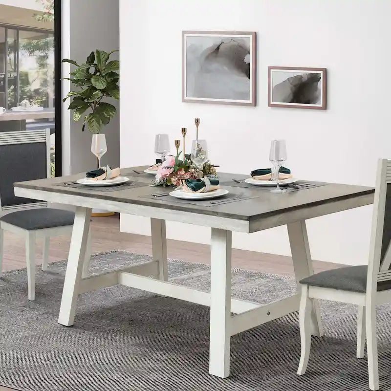 Mesa de comedor rectangular desgastada de color blanco roto y madera de caucho de 64.5 - 29.25 H x 64.57 An x 35.43 P