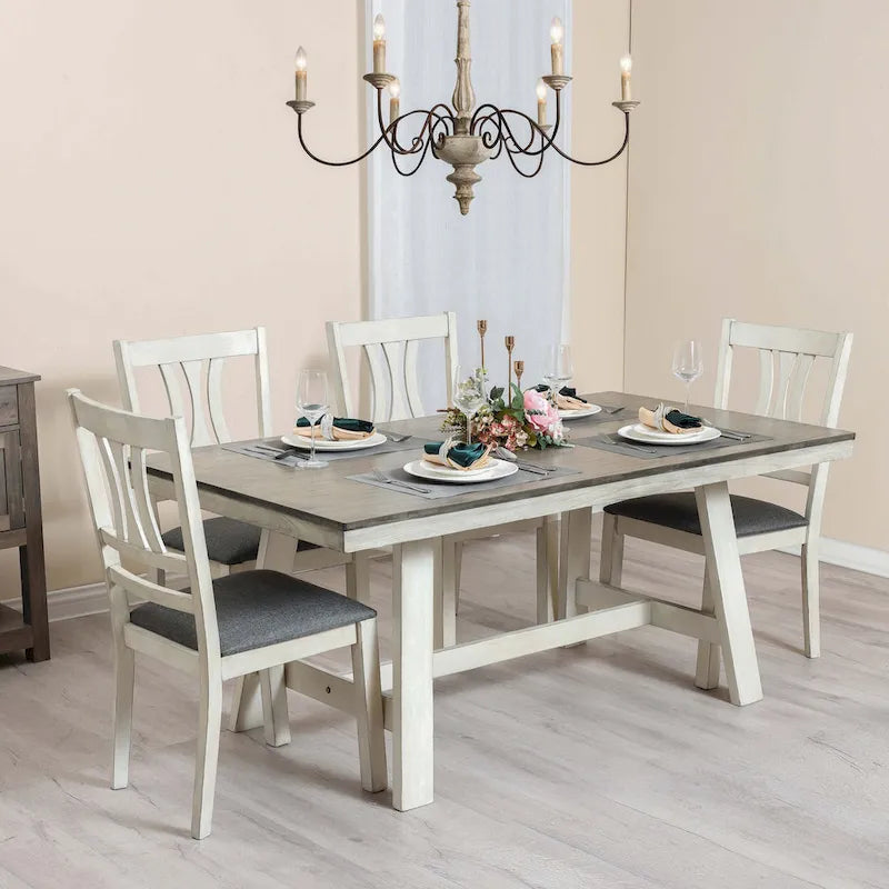 Mesa de comedor rectangular desgastada de color blanco roto y madera de caucho de 64.5 - 29.25 H x 64.57 An x 35.43 P