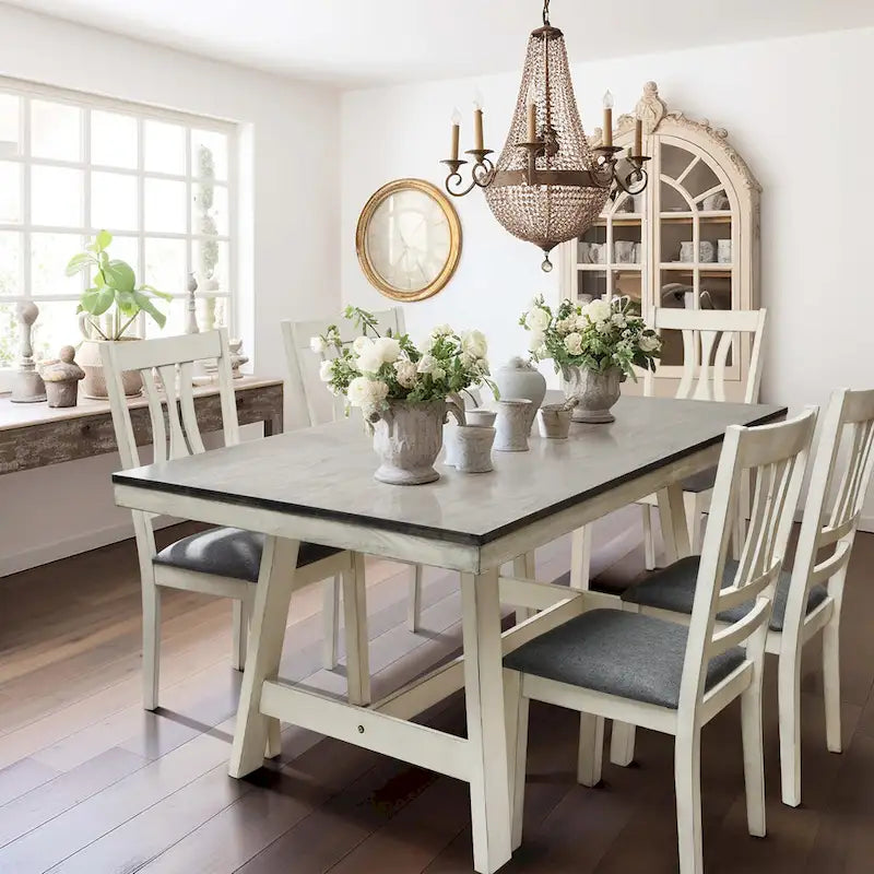 Mesa de comedor rectangular desgastada de color blanco roto y madera de caucho de 64.5 - 29.25 H x 64.57 An x 35.43 P
