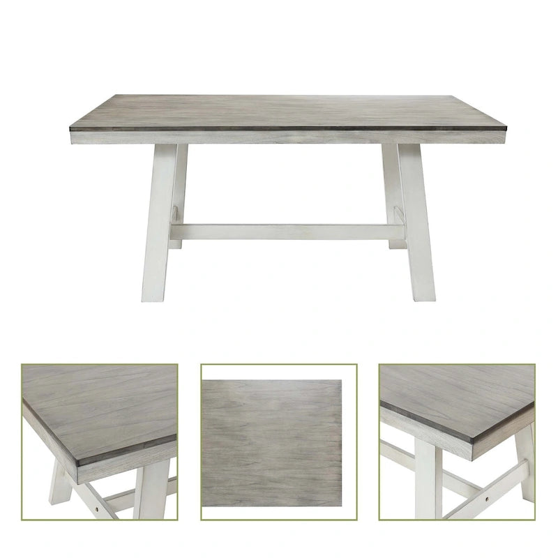 Mesa de comedor rectangular desgastada de color blanco roto y madera de caucho de 64.5 - 29.25 H x 64.57 An x 35.43 P