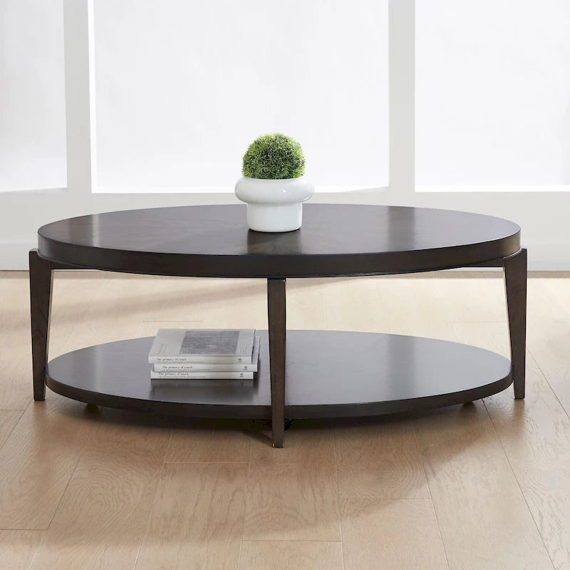 Mesa de centro ovalada Espresso Stone Wood Top, 1 estante, con ruedas