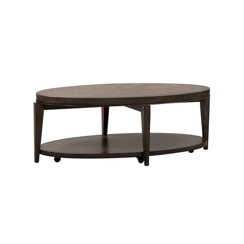 Mesa de centro ovalada Espresso Stone Wood Top, 1 estante, con ruedas