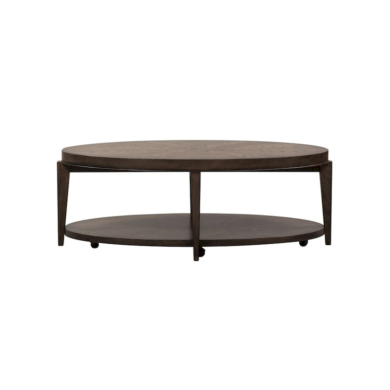 Mesa de centro ovalada Espresso Stone Wood Top, 1 estante, con ruedas