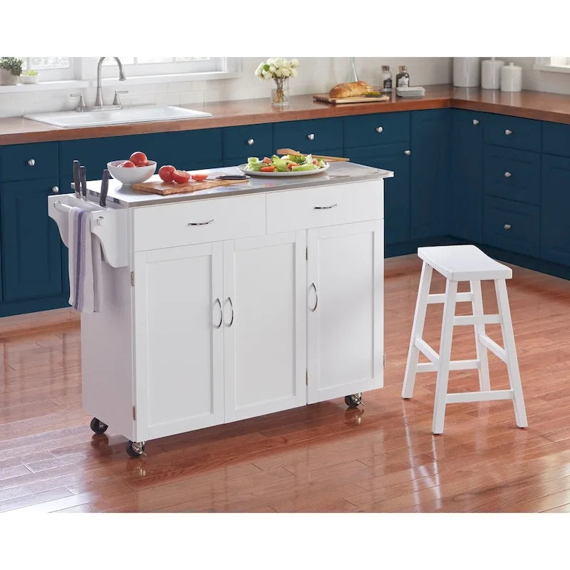 Carro de cocina rodante blanco/espresso con encimera de acero inoxidable