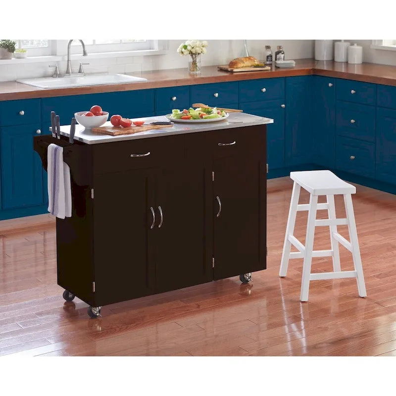 Carro de cocina rodante blanco/espresso con encimera de acero inoxidable