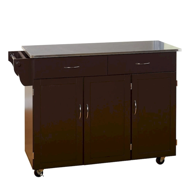 Carro de cocina rodante blanco/espresso con encimera de acero inoxidable