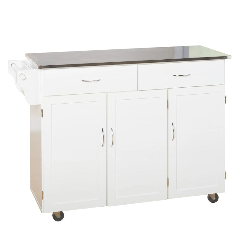 Carro de cocina rodante blanco/espresso con encimera de acero inoxidable