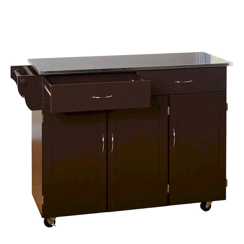 Carro de cocina rodante blanco/espresso con encimera de acero inoxidable