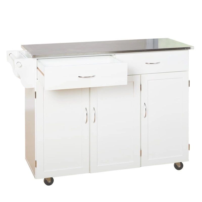 Carro de cocina rodante blanco/espresso con encimera de acero inoxidable