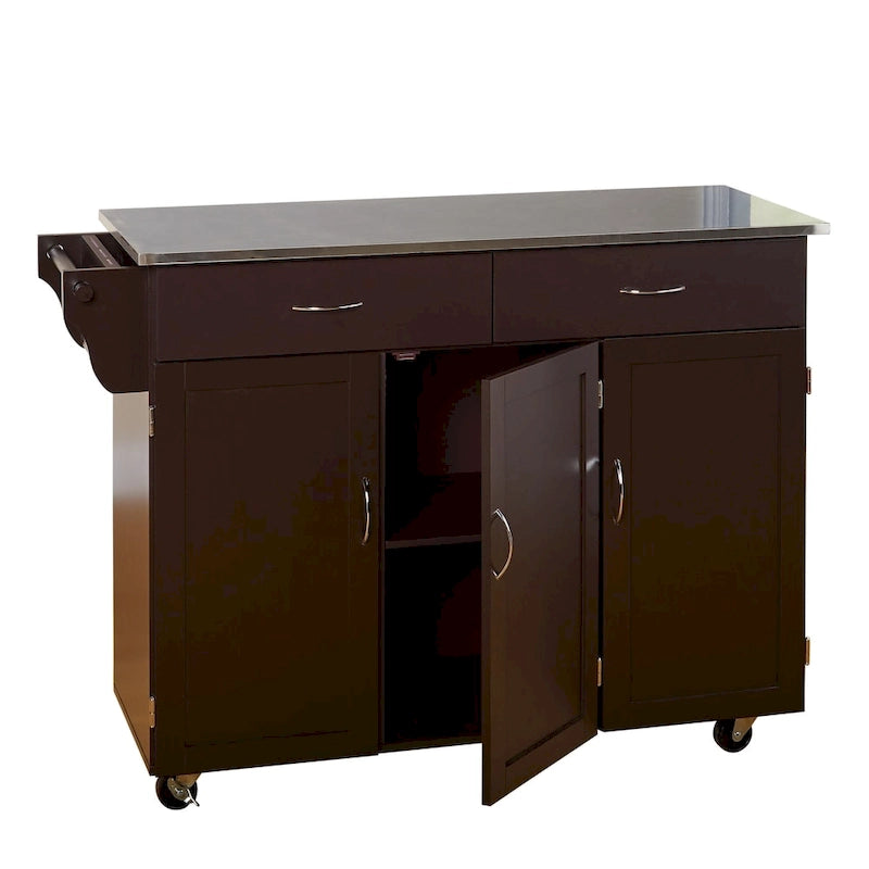 Carro de cocina rodante blanco/espresso con encimera de acero inoxidable