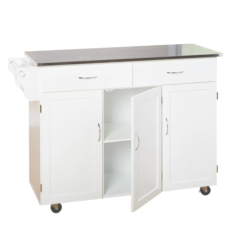 Carro de cocina rodante blanco/espresso con encimera de acero inoxidable