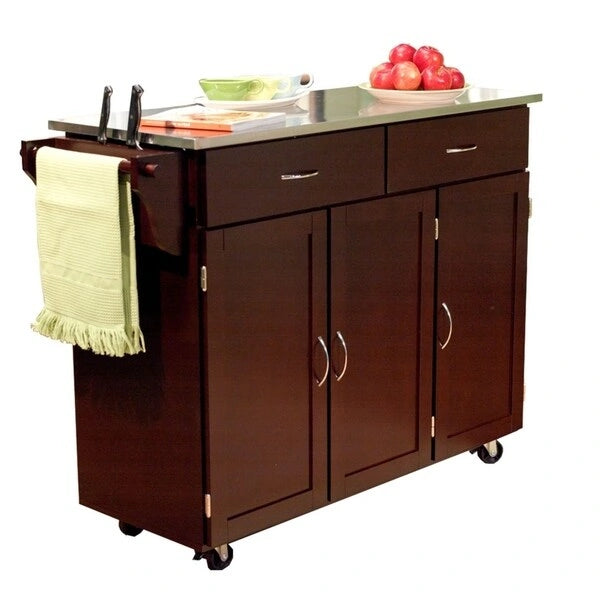 Carro de cocina rodante blanco/espresso con encimera de acero inoxidable