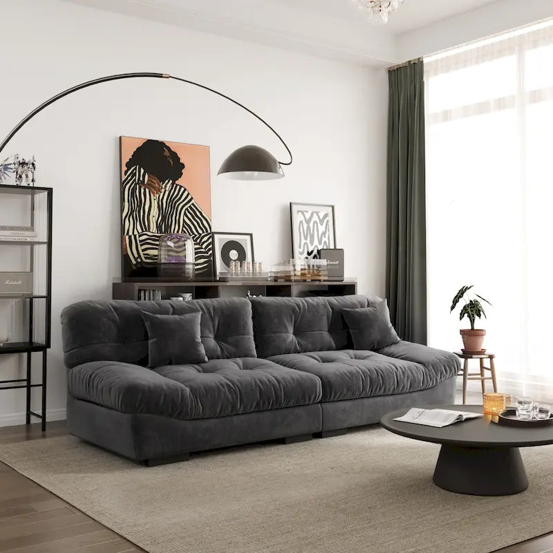 Sofá seccional de terciopelo gris/rosa/beige – forma de nube, 3 asientos