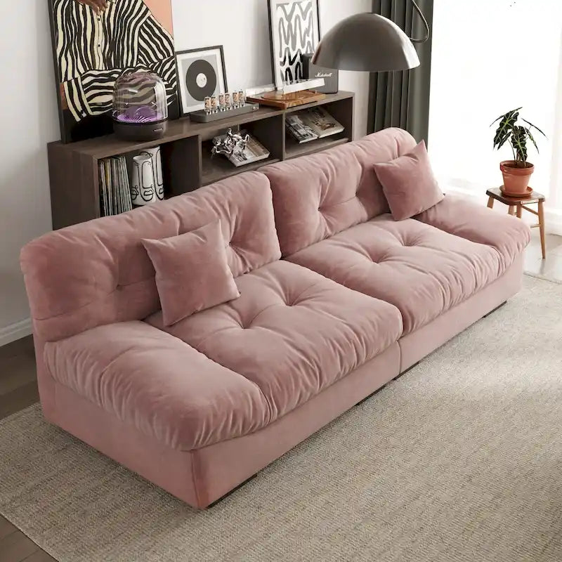 Sofá seccional de terciopelo gris/rosa/beige – forma de nube, 3 asientos
