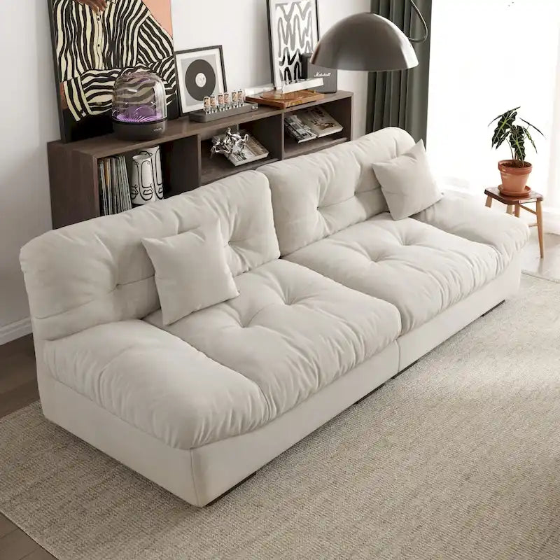 Sofá seccional de terciopelo gris/rosa/beige – forma de nube, 3 asientos