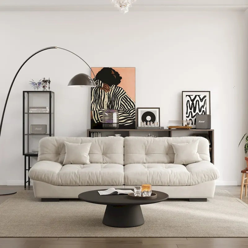 Sofá seccional de terciopelo gris/rosa/beige – forma de nube, 3 asientos