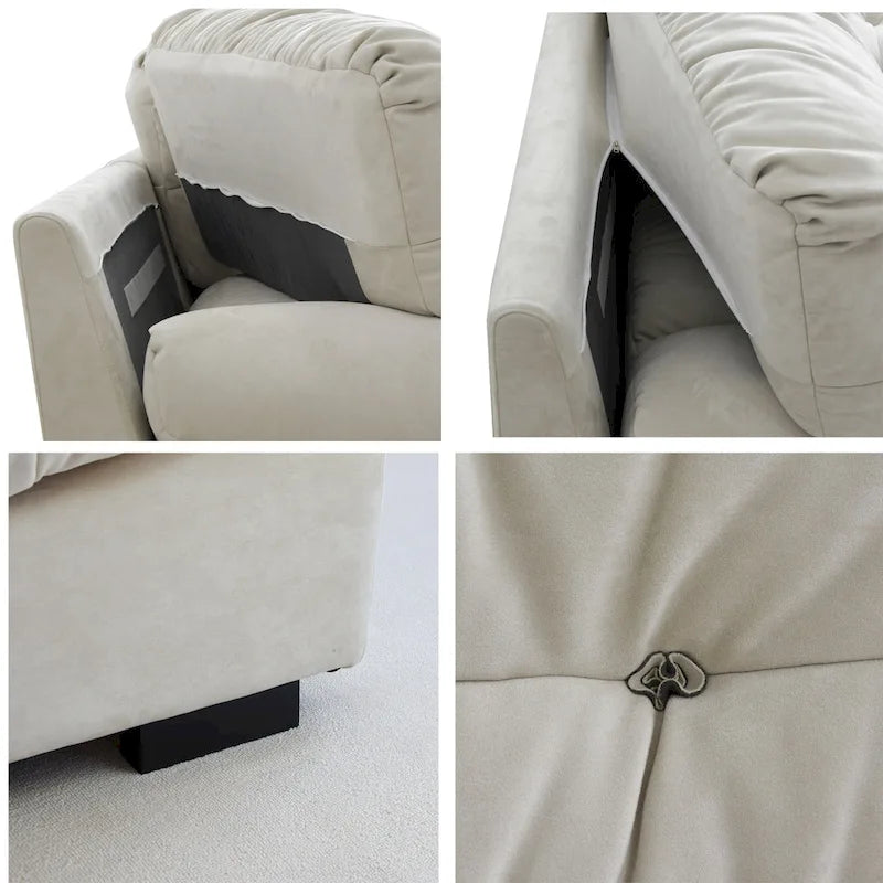 Sofá seccional de terciopelo gris/rosa/beige – forma de nube, 3 asientos