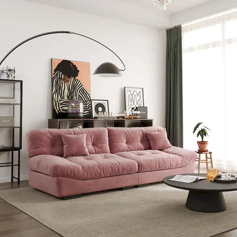 Sofá seccional de terciopelo gris/rosa/beige – forma de nube, 3 asientos