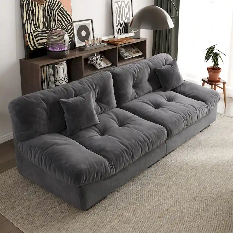 Sofá seccional de terciopelo gris/rosa/beige – forma de nube, 3 asientos