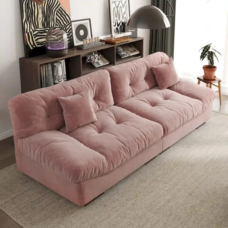 Sofá seccional de terciopelo gris/rosa/beige – forma de nube, 3 asientos