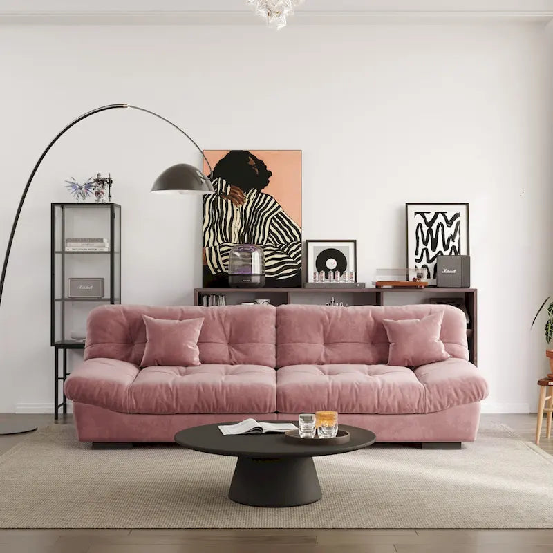 Sofá seccional de terciopelo gris/rosa/beige – forma de nube, 3 asientos