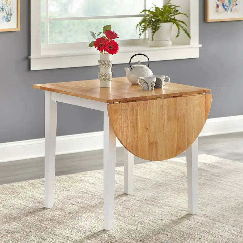 Mesa de comedor de caucho con alas abatibles blanca/natural y negra, para 3 personas