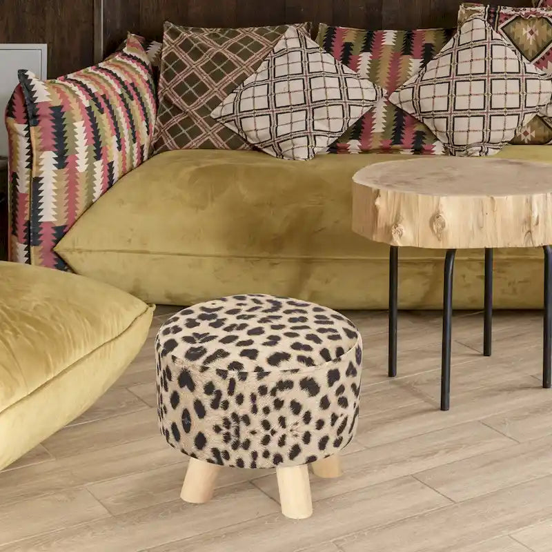 Puf redondo de lino beige/gris/azul/azul oscuro/estampado de leopardo/blanco roto, 1 asiento