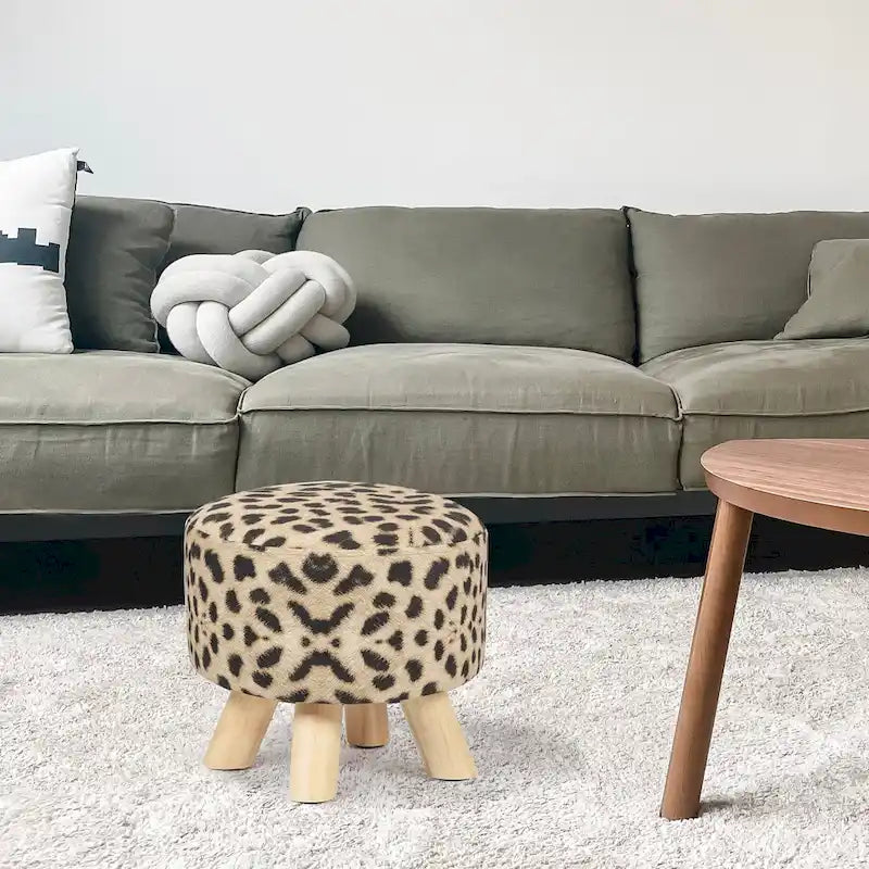 Puf redondo de lino beige/gris/azul/azul oscuro/estampado de leopardo/blanco roto, 1 asiento
