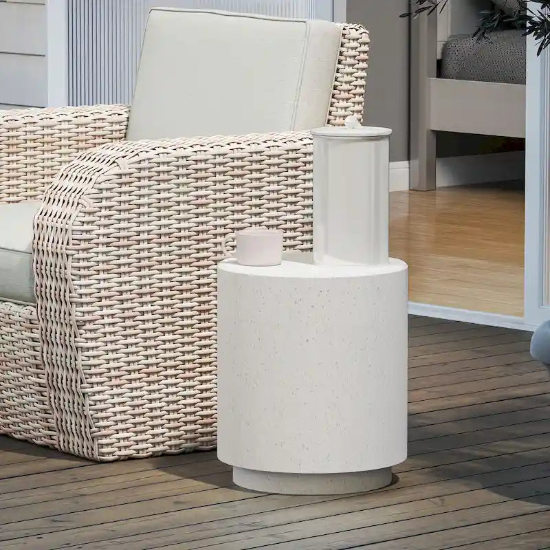 Mesa auxiliar redonda gris claro/gris carbón, acabado de hormigón, 4 patas ajustables, interior y exterior, 1 persona