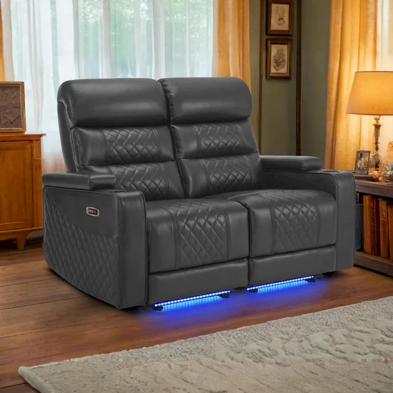 Sofá biplaza reclinable eléctrico, negro/gris/marrón, polipiel, estilo moderno, para 2 personas