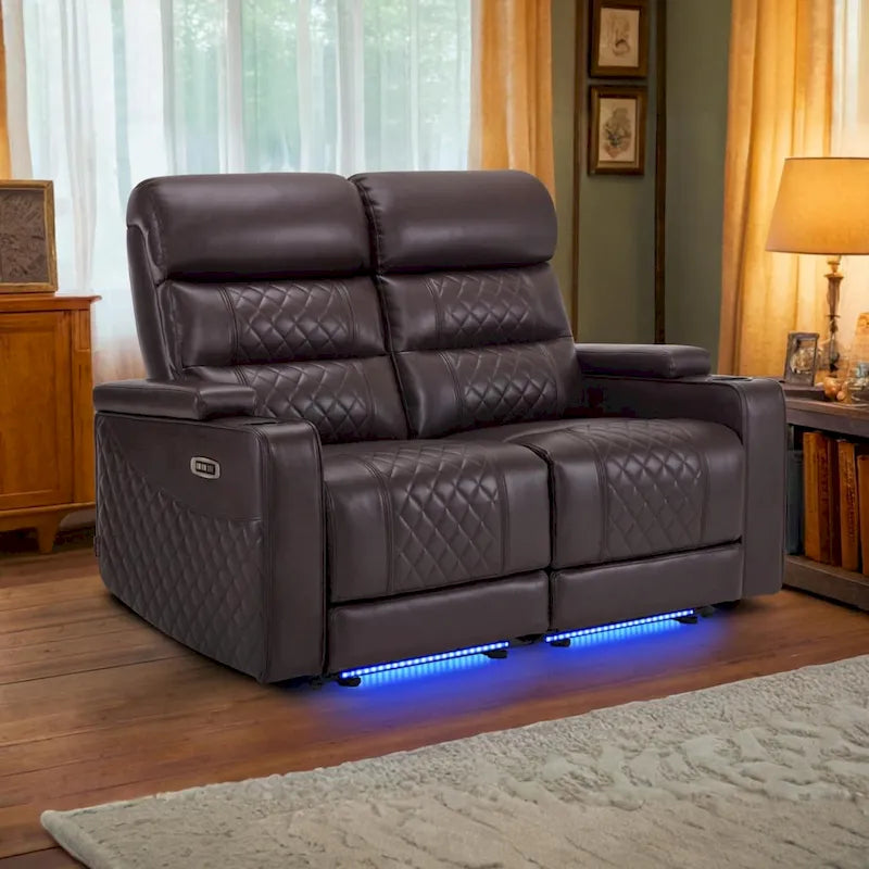 Sofá biplaza reclinable eléctrico, negro/gris/marrón, polipiel, estilo moderno, para 2 personas