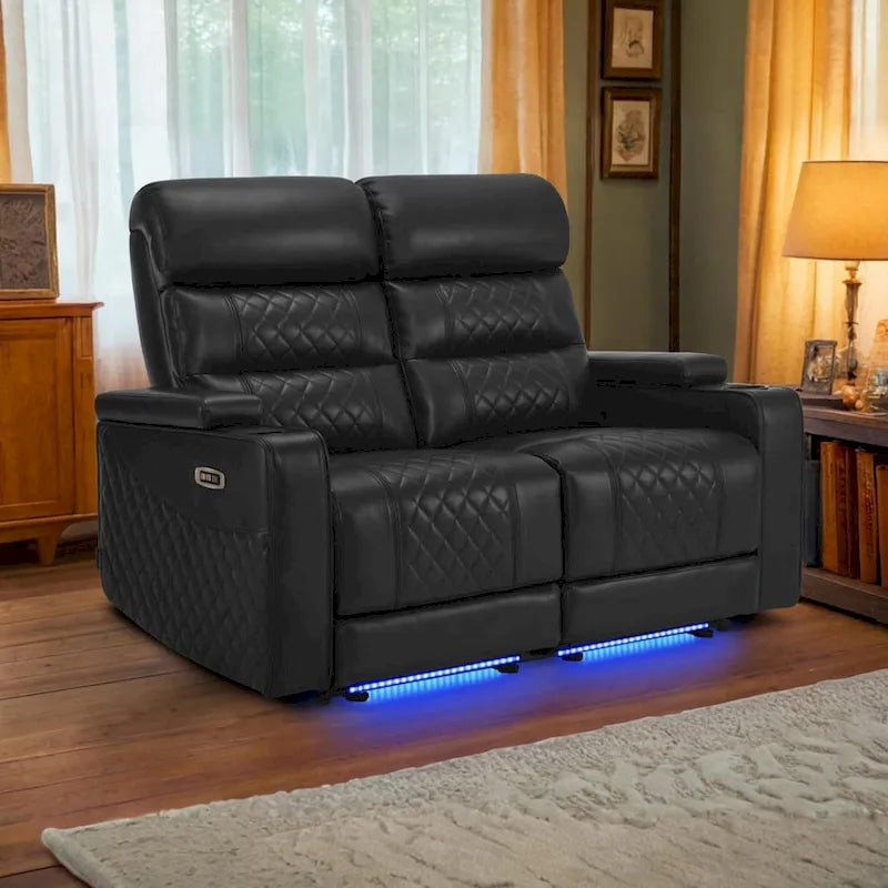 Sofá biplaza reclinable eléctrico, negro/gris/marrón, polipiel, estilo moderno, para 2 personas