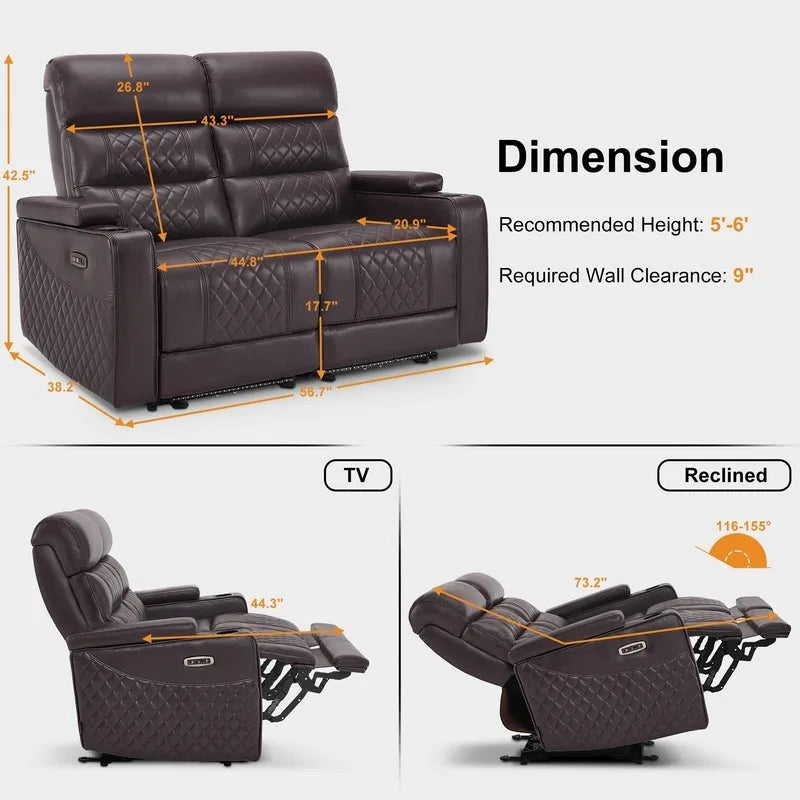 Sofá biplaza reclinable eléctrico, negro/gris/marrón, polipiel, estilo moderno, para 2 personas