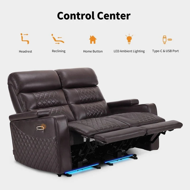 Sofá biplaza reclinable eléctrico, negro/gris/marrón, polipiel, estilo moderno, para 2 personas