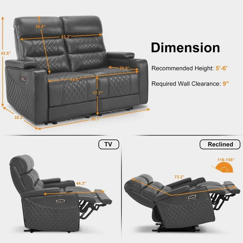Sofá biplaza reclinable eléctrico, negro/gris/marrón, polipiel, estilo moderno, para 2 personas
