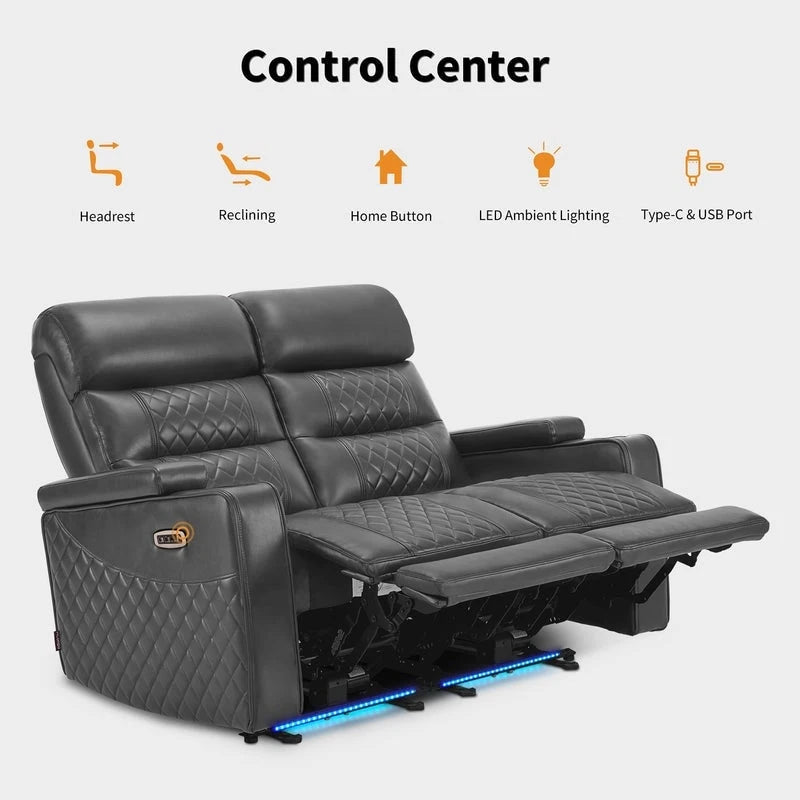 Sofá biplaza reclinable eléctrico, negro/gris/marrón, polipiel, estilo moderno, para 2 personas