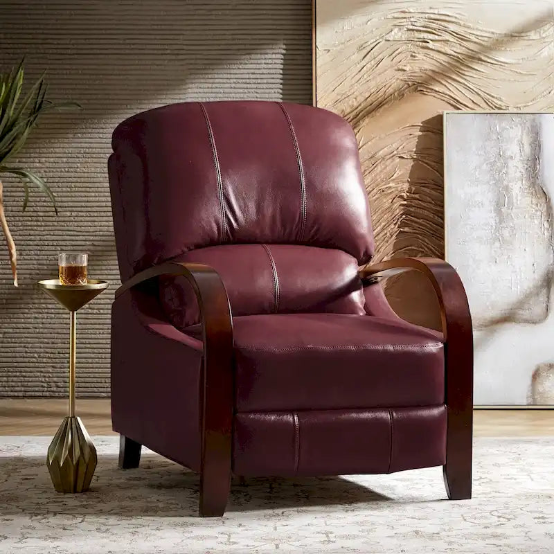 Sillón Reclinable Individual de Piel Genuina Negro / Multicolor con Respaldo Abatible y Brazos de Madera