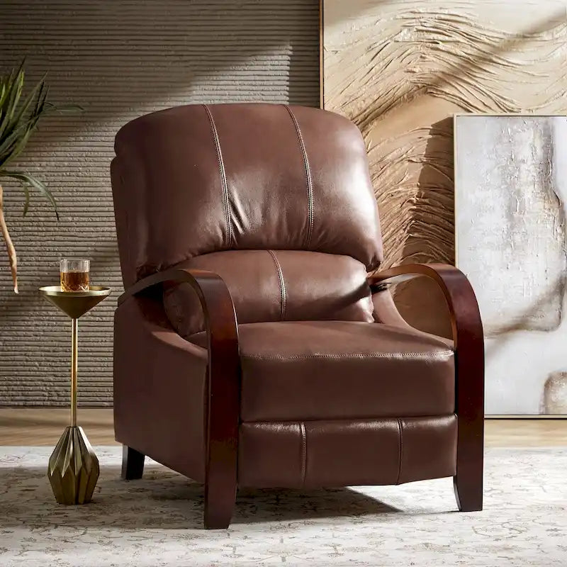 Sillón Reclinable Individual de Piel Genuina Negro / Multicolor con Respaldo Abatible y Brazos de Madera