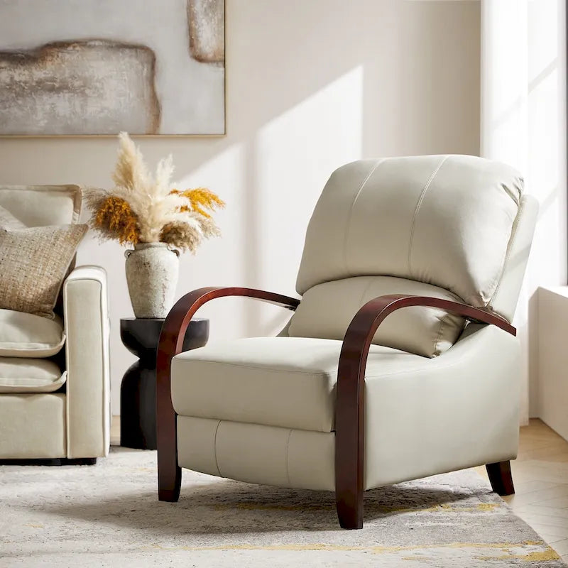 Sillón Reclinable Individual de Piel Genuina Negro / Multicolor con Respaldo Abatible y Brazos de Madera