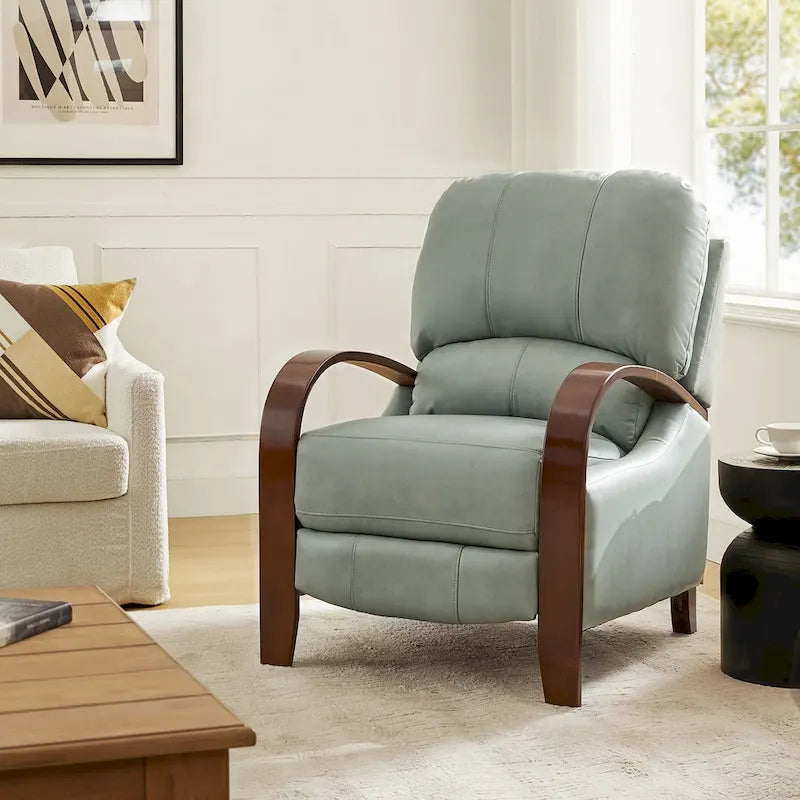 Sillón Reclinable Individual de Piel Genuina Negro / Multicolor con Respaldo Abatible y Brazos de Madera