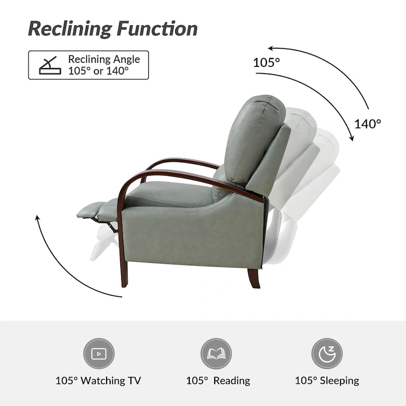 Sillón Reclinable Individual de Piel Genuina Negro / Multicolor con Respaldo Abatible y Brazos de Madera