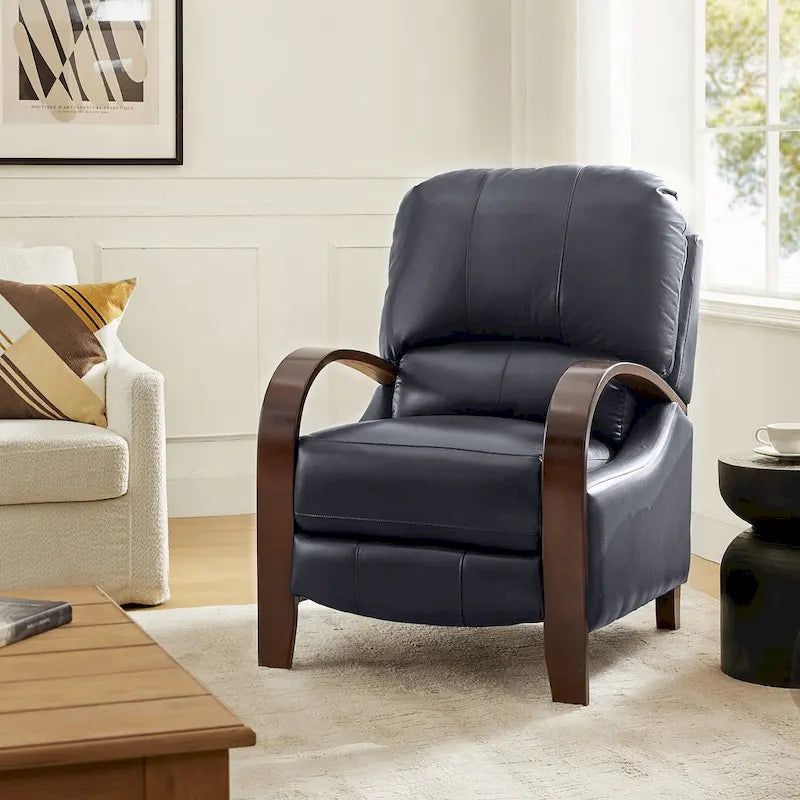 Sillón Reclinable Individual de Piel Genuina Negro / Multicolor con Respaldo Abatible y Brazos de Madera